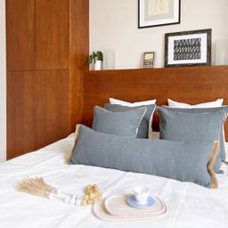 Navy Blue Linen Lumbar Pillow Cover Extra Long Fringe Cushion - thumbnail 3