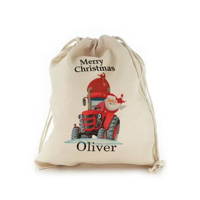 Personalized Christmas Sack, Tractor Santa Design, Drawstring Bag - image 1