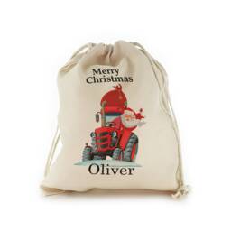 Personalized Christmas Sack, Tractor Santa Design, Drawstring Bag - thumbnail 1