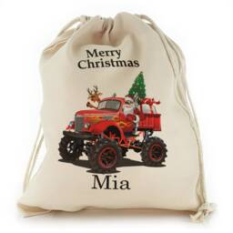Personalized Christmas Sack, Tractor Santa Design, Drawstring Bag - thumbnail 3