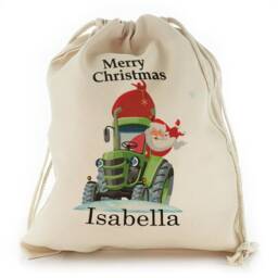 Personalized Christmas Sack, Tractor Santa Design, Drawstring Bag - thumbnail 2