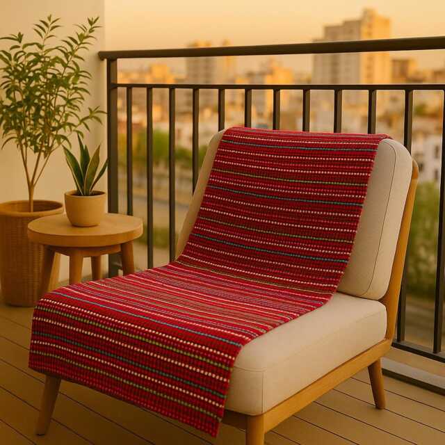 Red Recycled Cotton Throw Blanket - Durable Sofa Slip Cover Boho Bedspread Portuguese Woven Sustainable Modern Traditional Home Decor - image 1
