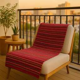 Red Recycled Cotton Throw Blanket - Durable Sofa Slip Cover Boho Bedspread Portuguese Woven Sustainable Modern Traditional Home Decor