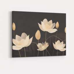 Elegant Ivory Lotus Flower Line Art Dark Neutral Botanical Canvas Wall Print Decor Picture Ready To Hang - thumbnail 4