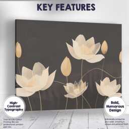 Elegant Ivory Lotus Flower Line Art Dark Neutral Botanical Canvas Wall Print Decor Picture Ready To Hang - thumbnail 1