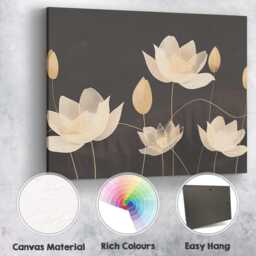 Elegant Ivory Lotus Flower Line Art Dark Neutral Botanical Canvas Wall Print Decor Picture Ready To Hang - thumbnail 2