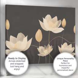 Elegant Ivory Lotus Flower Line Art Dark Neutral Botanical Canvas Wall Print Decor Picture Ready To Hang - thumbnail 3