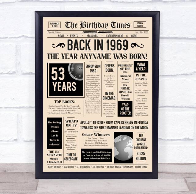 1969 Newspaper Any Age Year You Were Born Birthday Facts Personalised Gift Print - image 1