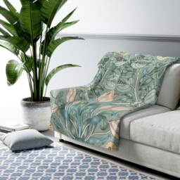 William Morris Fleece Lined Blanket - Duck Egg Sage Tulip Art Nouveau Vintage Floral Pattern Throw Bedspread Comforter Decorative