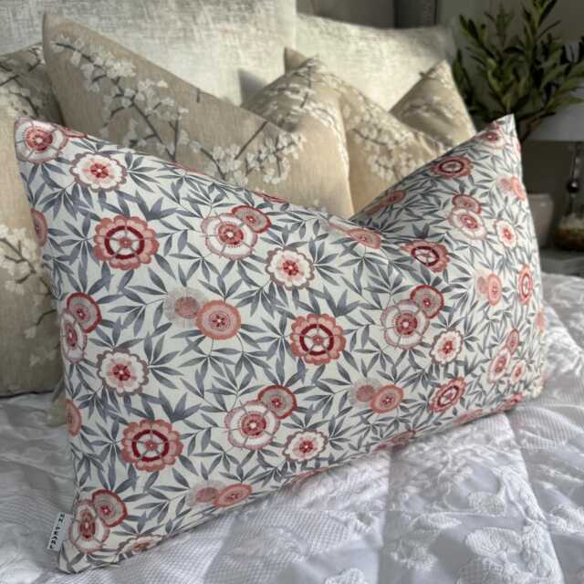 Dainty Floral Pillow Cover in Harlequin Cotton Fabric - Scatter Cushion Pink Grey Home Decor - image 1