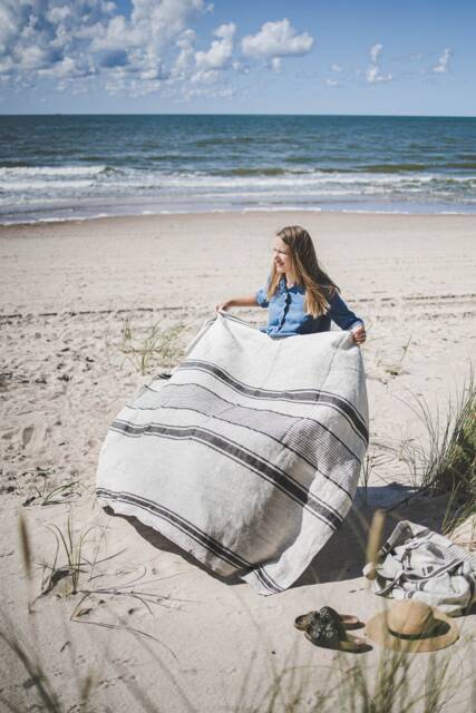 Linen Beach Towel With Black Stripes, French Style Linen Blanket, Washed Picnic Outdoor Large Towel - image 1