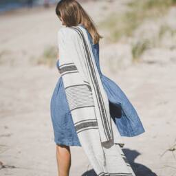 Linen Beach Towel With Black Stripes, French Style Linen Blanket, Washed Picnic Outdoor Large Towel - thumbnail 2