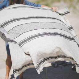 Linen Beach Towel With Black Stripes, French Style Linen Blanket, Washed Picnic Outdoor Large Towel - thumbnail 3