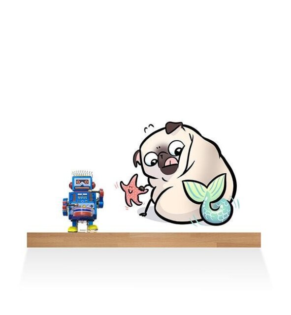 Pug Mermaid With Starfish White Wall Sticker Decal - Dogs & Pets Stickers, Art, Decals, Kids Animals Decals