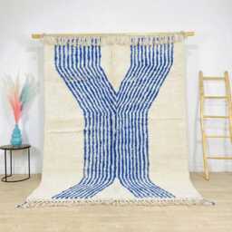 Moroccan Ivory & Blue Berber Rug, Handwoven Wool Shag Geometric Stripes, Boho Nursery Beni Ourain Carpet, Large Area Rug - thumbnail 1