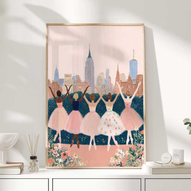 Ballet Dancers City Art Print, Whimsical Illustration Wall Art, Feminine Pink Artwork, Elegant Living Room Decor - image 1