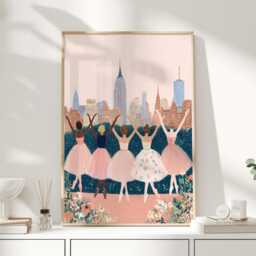 Ballet Dancers City Art Print, Whimsical Illustration Wall Art, Feminine Pink Artwork, Elegant Living Room Decor - thumbnail 1