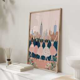 Ballet Dancers City Art Print, Whimsical Illustration Wall Art, Feminine Pink Artwork, Elegant Living Room Decor - thumbnail 3