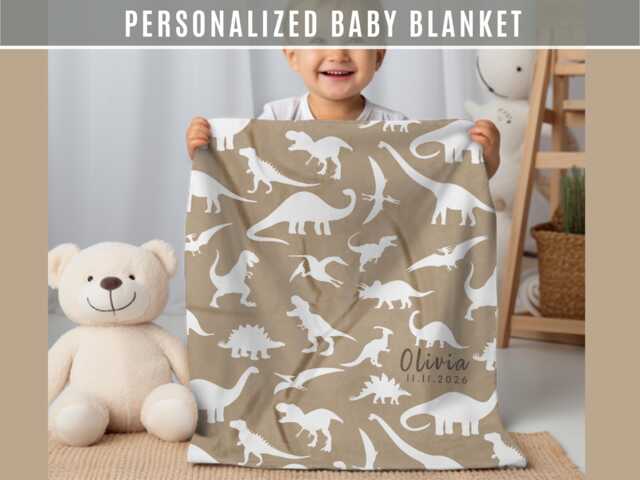 Personalized Dinosaur Baby Blanket Latte Soft Nursery Throw Custom Name Newborn Gift Shower Keepsake - image 1