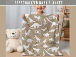 Personalized Dinosaur Baby Blanket Latte Soft Nursery Throw Custom Name Newborn Gift Shower Keepsake