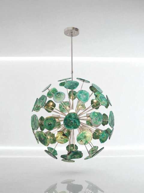 1950's Handcrafted Green Agate Stone Italian Ceiling Light Sputnik Chandelier Stilnovo Style Lamp Lighting Fixture Chrome Nickle - image 1