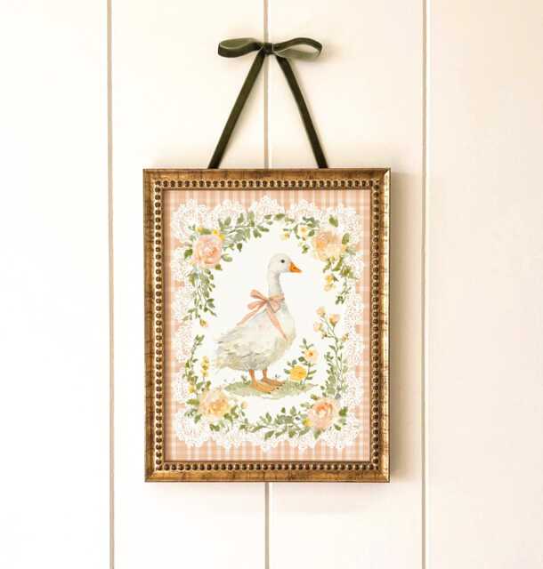 Charming Goose Nursery Print - Lace Floral Gingham Duck Art - image 1