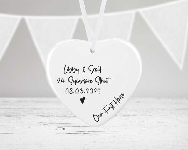 Personalised Our First Home With Address Decoration - New Keepsake Bauble Ceramic House Warming Gift Heart