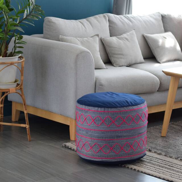 Hill Tribe Fabric Ottoman Pouf Rustic Indigo Hmong Pillow, 18x14 - image 1