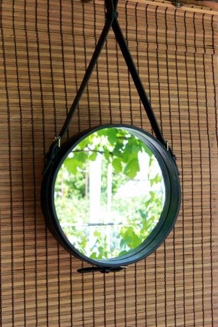 Handmade Leather Strapped Circular Wall Mirror - Modern Scandinavian Interior Decoration Brown Round Hanging - image 1