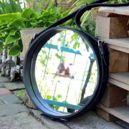 Handmade Leather Strapped Circular Wall Mirror - Modern Scandinavian Interior Decoration Brown Round Hanging - thumbnail 2