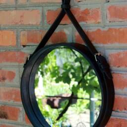Handmade Leather Strapped Circular Wall Mirror - Modern Scandinavian Interior Decoration Brown Round Hanging - thumbnail 3