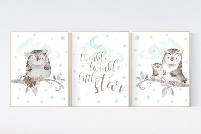 Watercolor Owl Nursery Art Print Mint Green, Twinkle Star Decor - image 1