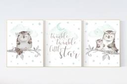 Watercolor Owl Nursery Art Print Mint Green, Twinkle Star Decor - thumbnail 1