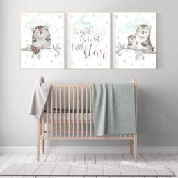 Watercolor Owl Nursery Art Print Mint Green, Twinkle Star Decor - thumbnail 2