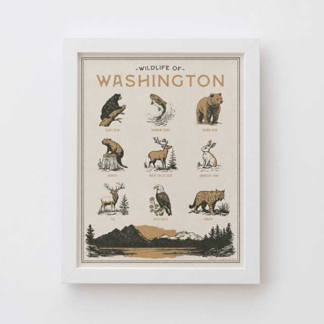 Washington Wildlife Wall Art Print - Vintage Animal Poster Design, Archival Quality Matte Fine Art Print. Outdoor, State Gift - image 1