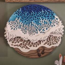 Ocean Beach Wall Art, Cut Wood Layered Wall Hanging Waves Sand Foot Print - thumbnail 2