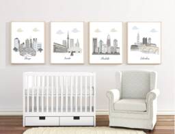 City Skyline Nursery Art Prints Travel Theme Decor, Set Of 4 - thumbnail 1