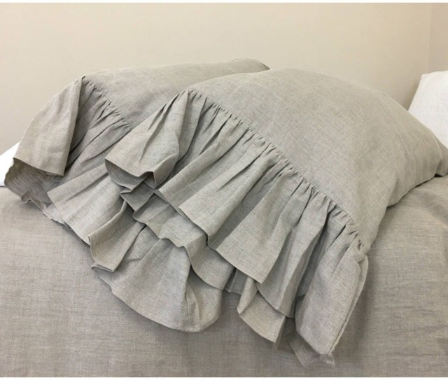 A Pair Of Dark Linen Pillow Covers Feature Mermaid Long Ruffles, Inspired By French Country Style, Shabby Chic Cases - image 1
