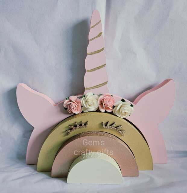 Unicorn Sign, Rainbow Sign, Wooden Rainbow, Plaque, Decoration, Nursery Bedroom Decor, Stacker, Baby Gift, Unicorns - image 1