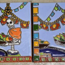 Talavera Mexican Hand-Painted/ Tiles - Day Of The Dead Woman With Fruit Bowl - thumbnail 3