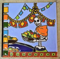 Talavera Mexican Hand-Painted/ Tiles - Day Of The Dead Woman With Fruit Bowl - thumbnail 1