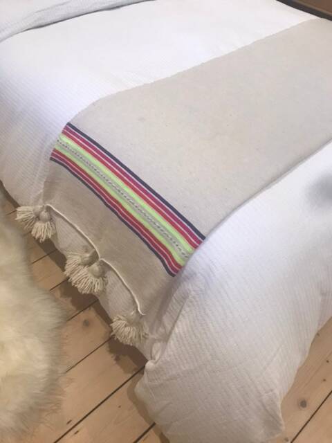 Throw - Scandi Pom Edge 100% Cotton Natural Stone Neon Pink Bed Sofa Armchair Throw Blanket - image 1