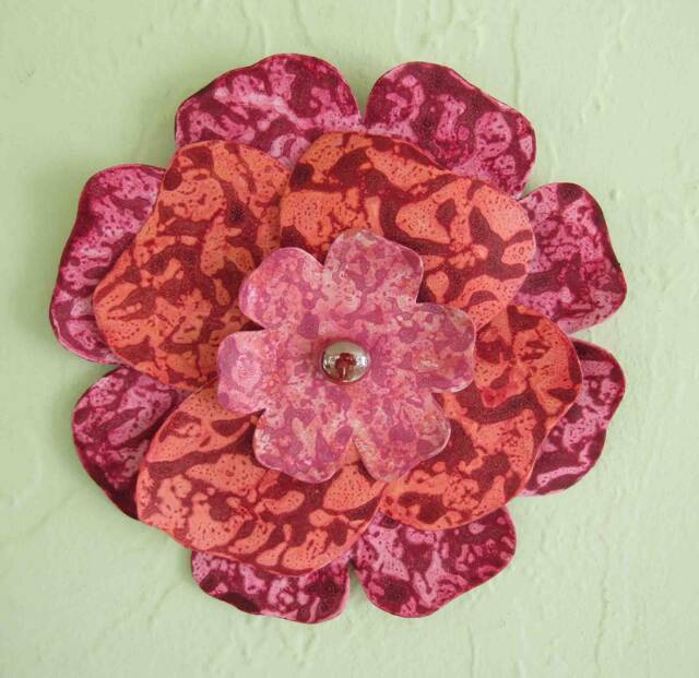 Handmade Metal Hibiscus Wall Art Pink Burgundy Flower Sculpture - 8x8 - image 1