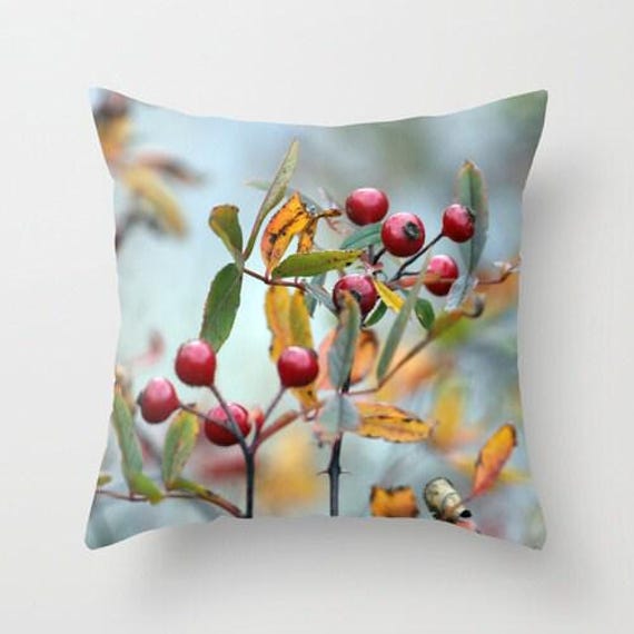 Hawthorn, Pillow Or Cover Home Decoration, Macro, Orange, Red, Green, Blue, Fall Botanical Design, Country Living - image 1