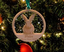 Personalized Bunny Christmas Ornament Engraved Wood & Acrylic Bauble, Tree Decoration, Holiday Decor - thumbnail 1