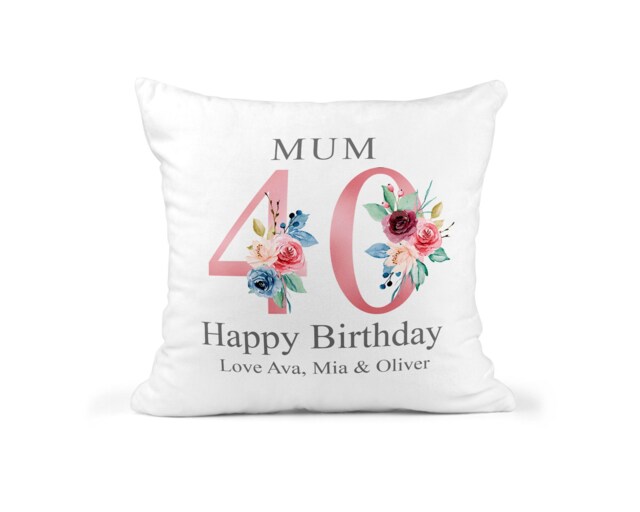 40Th Birthday Gift For Women, Personalised Cushion/Pillow Mum With Kids Names, Floral Design, Great Or Nan, 1981