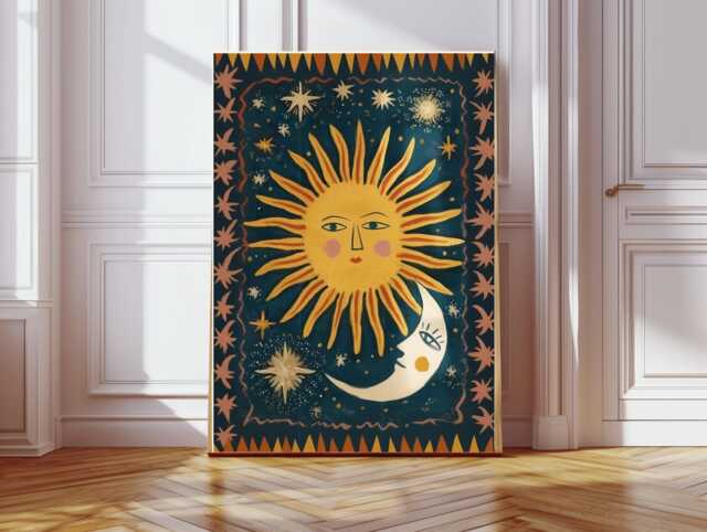Moon & Star Art Print, Sky Moon Tarot Sun & Wall Art, Celestial Boho Folk Poster - image 1