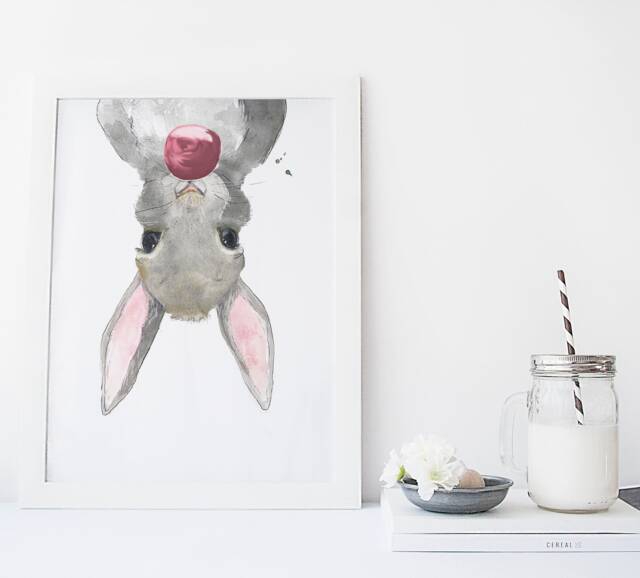 Funny Rabbit/Bubble Gum Animal Watercolor Handmade Made in Quebec Art Minimalist Style Cynthia Paquette