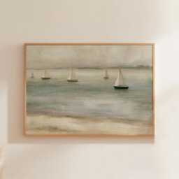 Sailboat Seascape Poster, Blue Coastal Wall Art, Nautical Painting - thumbnail 1