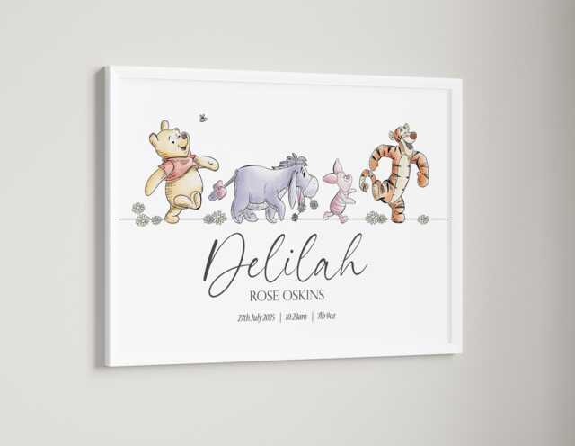 Winnie Pooh A4 A3 Nursery Unframed Personalised Birth Print Flower New Baby Gift Tigger Eeyore Piglet Decor Wall Art Bedroom Classic Daisy - image 1